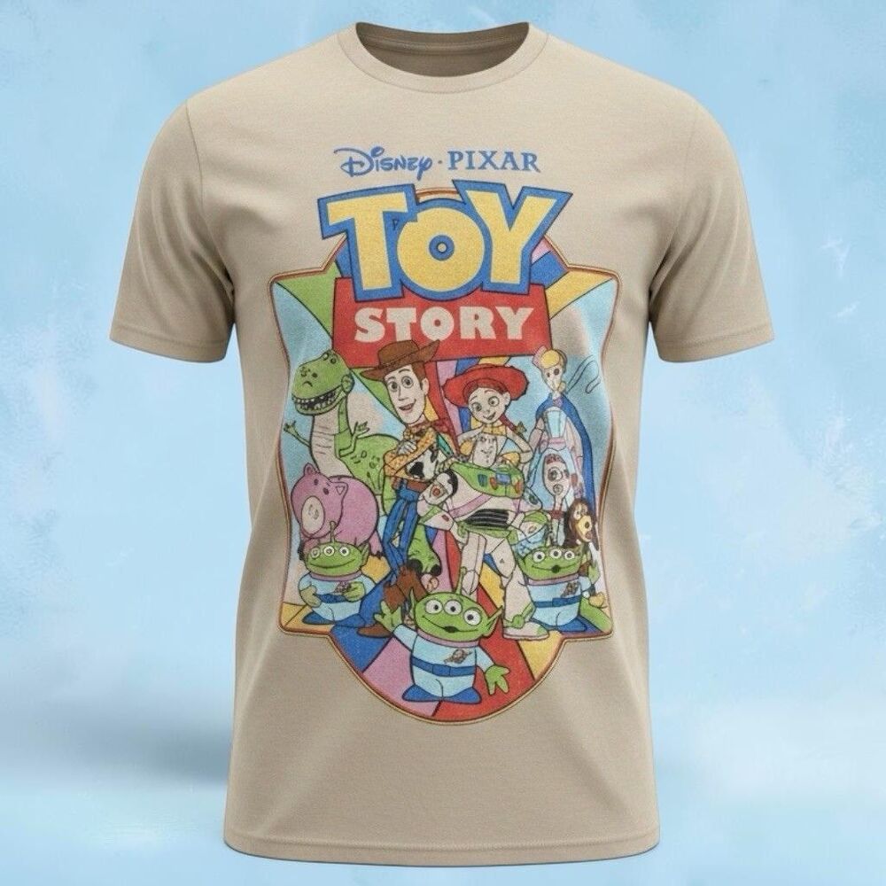Disney Pixar Toy Story Woody Buzz Hamm Graphic T-Shirt Beige 100% Cotton Small